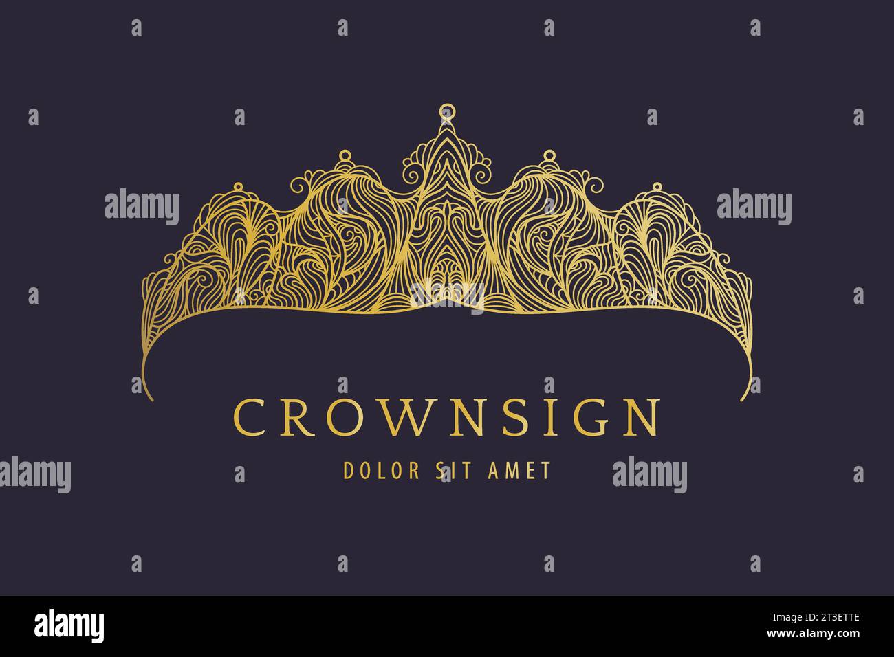 Vector golden crown logo, luxury tiara illustration. Art deco style line design, jewelry symbol Stock Vector