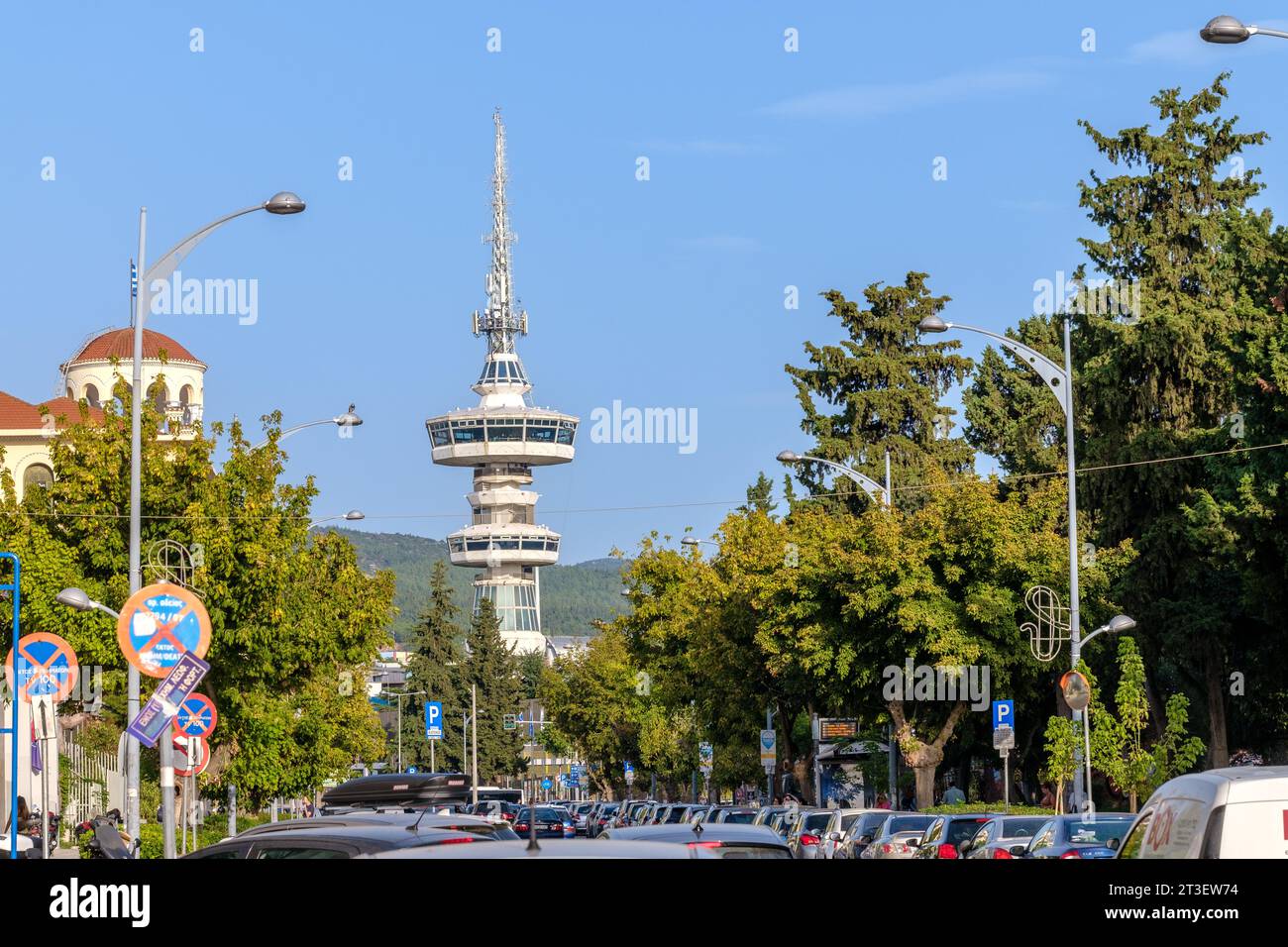 Thessaloniki, Greece - September 22, 2023 : View of the OTE Tower, a skyline bar overlooking the city of Thessaloniki Greece Stock Photo