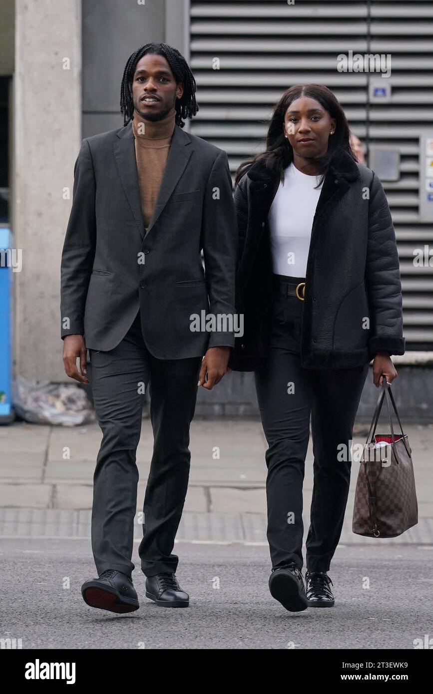Bianca Williams and Ricardo Dos Santos arrive at Palestra House, central London as a misconduct panel is set to deliver its decision on whether five Metropolitan Police officers, Acting PS Rachel Simpson and PCs Allan Casey, Jonathan Clapham, Michael Bond and Sam Franks, are guilty of gross misconduct over the stop-and-search of the two black athletes. Picture date: Wednesday October 25, 2023. Stock Photo