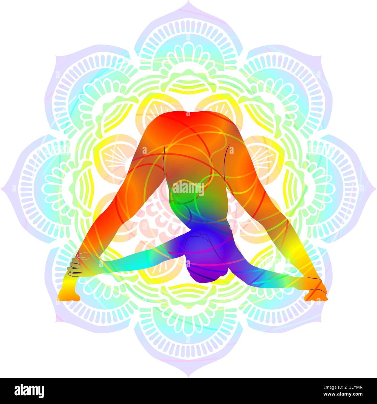 Colorful silhouette of Parivritta Prasarita Padottanasana. Revolved Wide Legged Forward Bend pose. Isolated vector illustration on Mandala background. Stock Vector