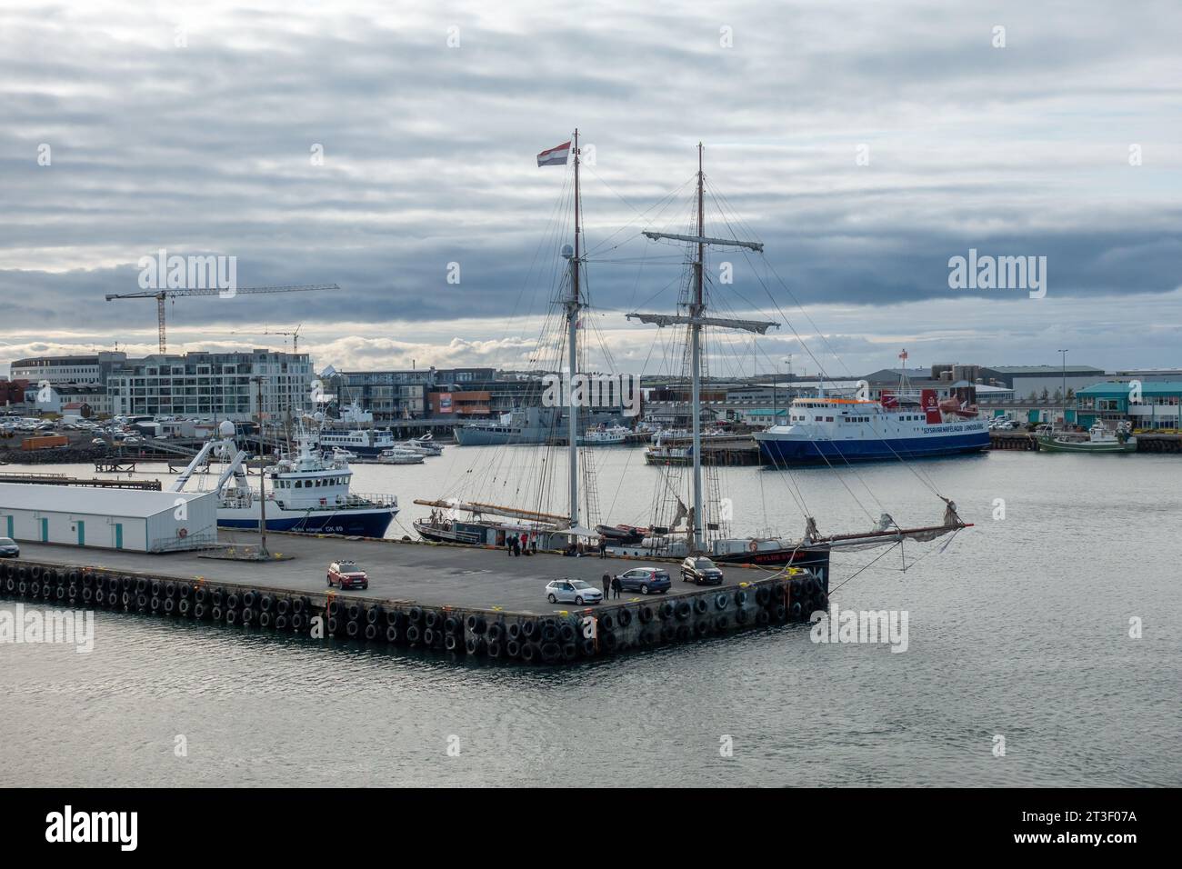 Miðbakki Midbakki The Old Harbour In Reykjavik Iceland With A Tall Ship Top Sail Schooner Wylde Swan Stock Photo