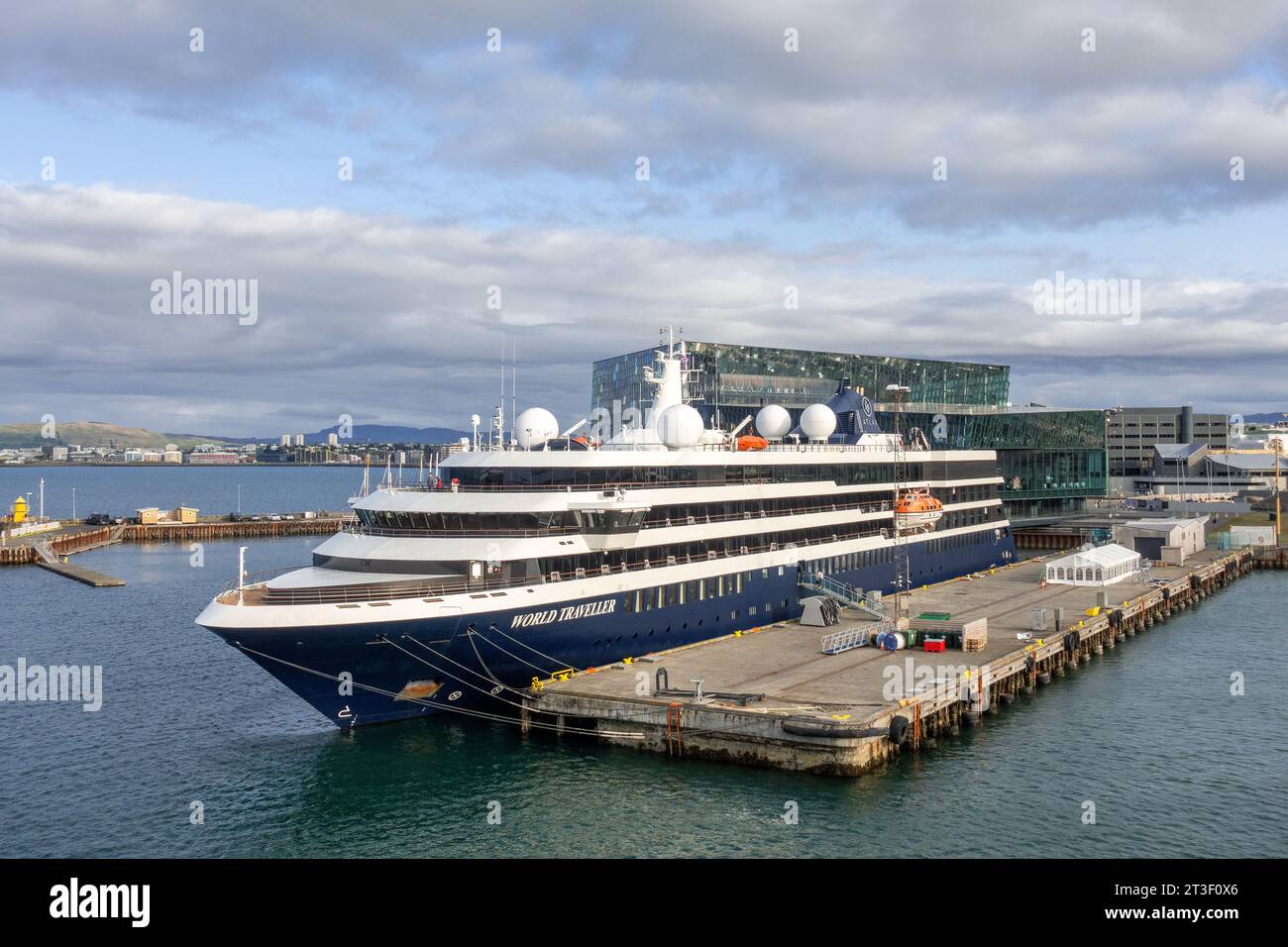 Atlas Ocean Voyages World Traveller Small Yacht-Style Cruise Ship In Midbakki Port Reykjavik Iceland Outside The Harpa Centre Stock Photo