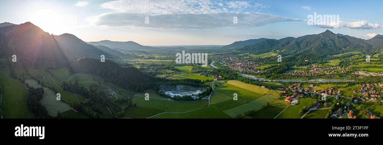 Bavarian Pre Alps. Sunset aerial panorama. Isar river valley. Lenggries Bad Toelz Stock Photo