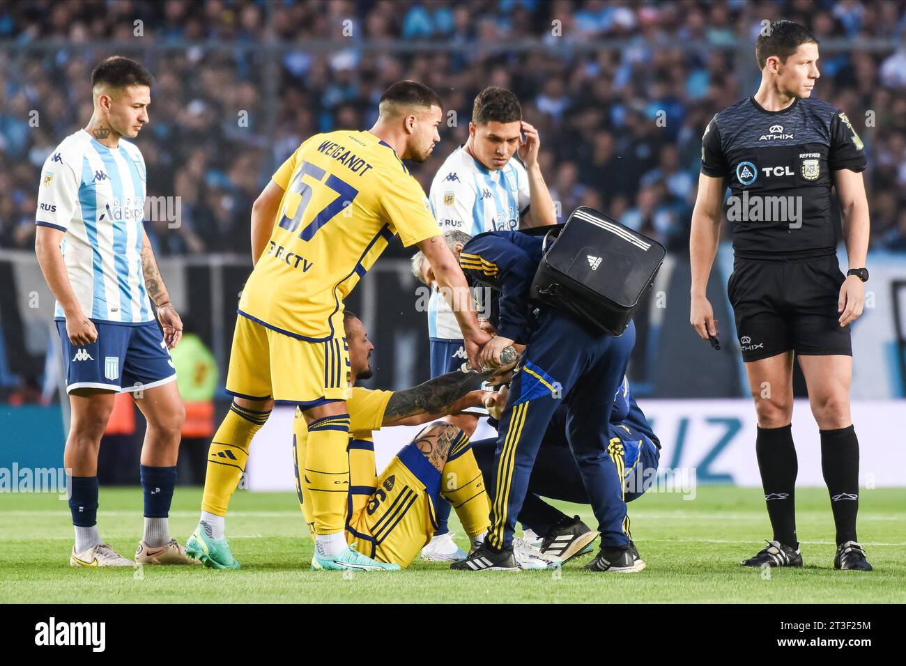 Buenos Aires, Argentina. 24th Oct, 2023. Dario Benedetto and Marcelo Weigandt of Boca Juniors. Gabriel Rojas and Juan Fernando Quintero Juanfer and the referee Nicolas Ramirez during the Liga Argentina match between Racing Club v CA Boca Juniors played at Presidente Peron Stadium on October 24, 2023 in Buenos Aires, Argentina. (Photo by Santiago Joel Abdala/PRESSINPHOTO) Credit: PRESSINPHOTO SPORTS AGENCY/Alamy Live News Stock Photo