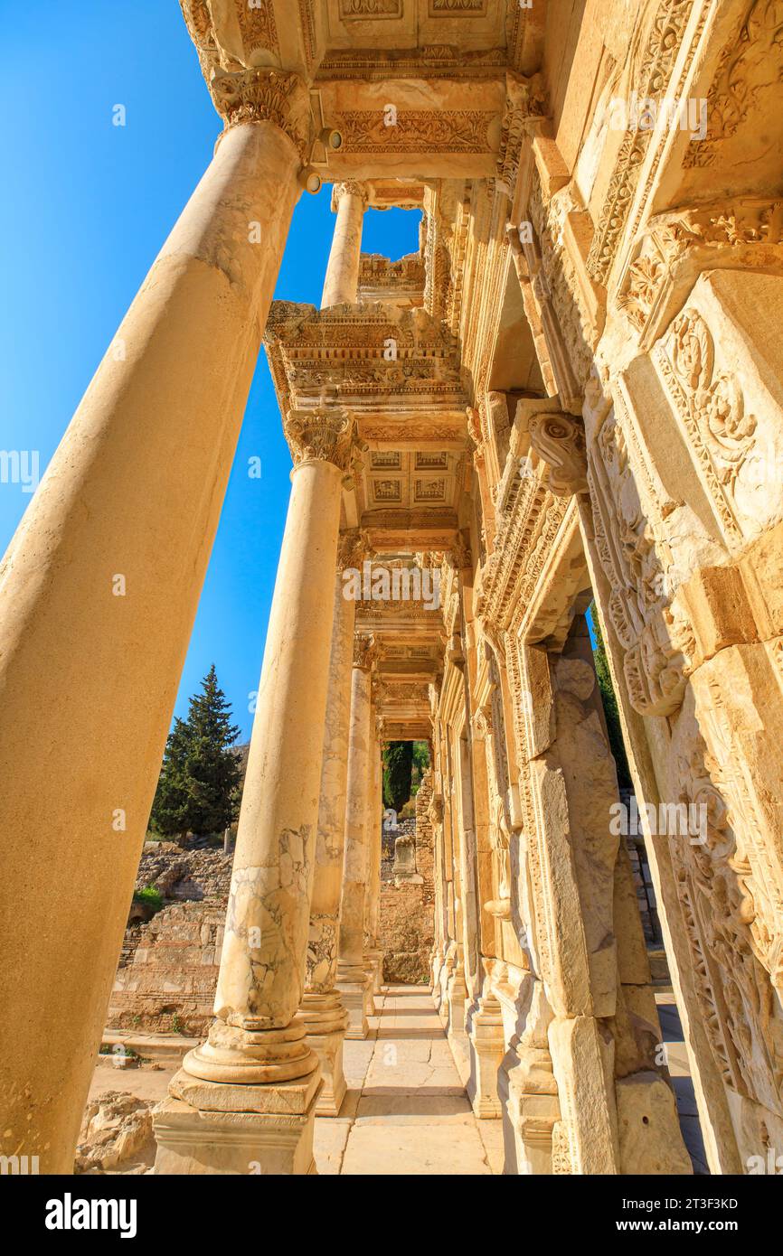 Celsus Library and Augustus' gate, in Ephesus site of Turkey. Remarkable location attracts tourists and history buffs from all corners of the globe Stock Photo