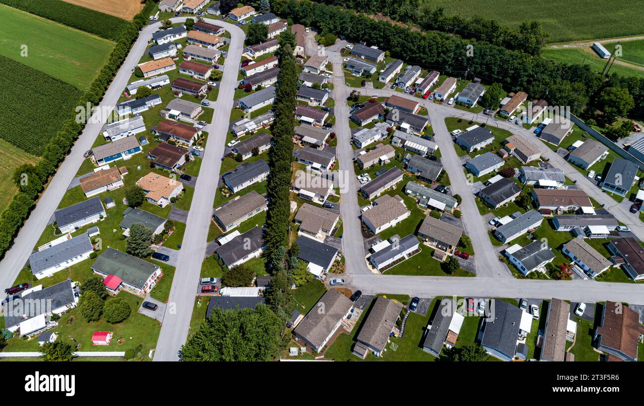 An Aerial View of a Mobile, Modulator, Prefab Home Park, in the Middle of Rural America, on a Sunny Spring Day Stock Photo