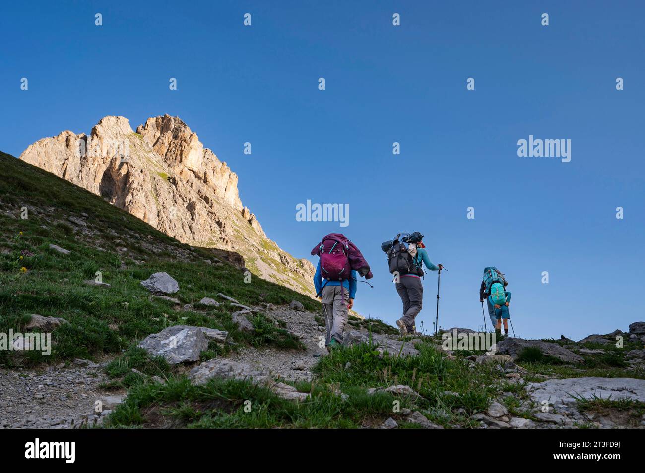 France, Savoie, Cerces massif, Valloires, hike towards the Rochilles pass, family of hikers passing the Cerces pass and the Pointe de la Fourche Stock Photo