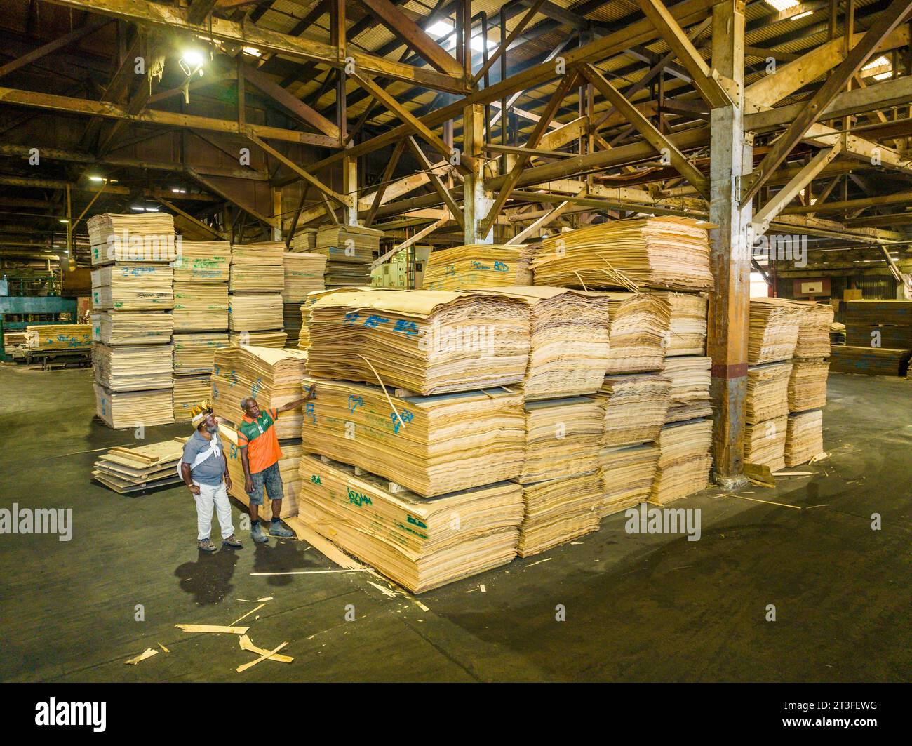 Papua New Guinea, Morobe province, PNG Forest products, quality manager Naku Bayu presents chief