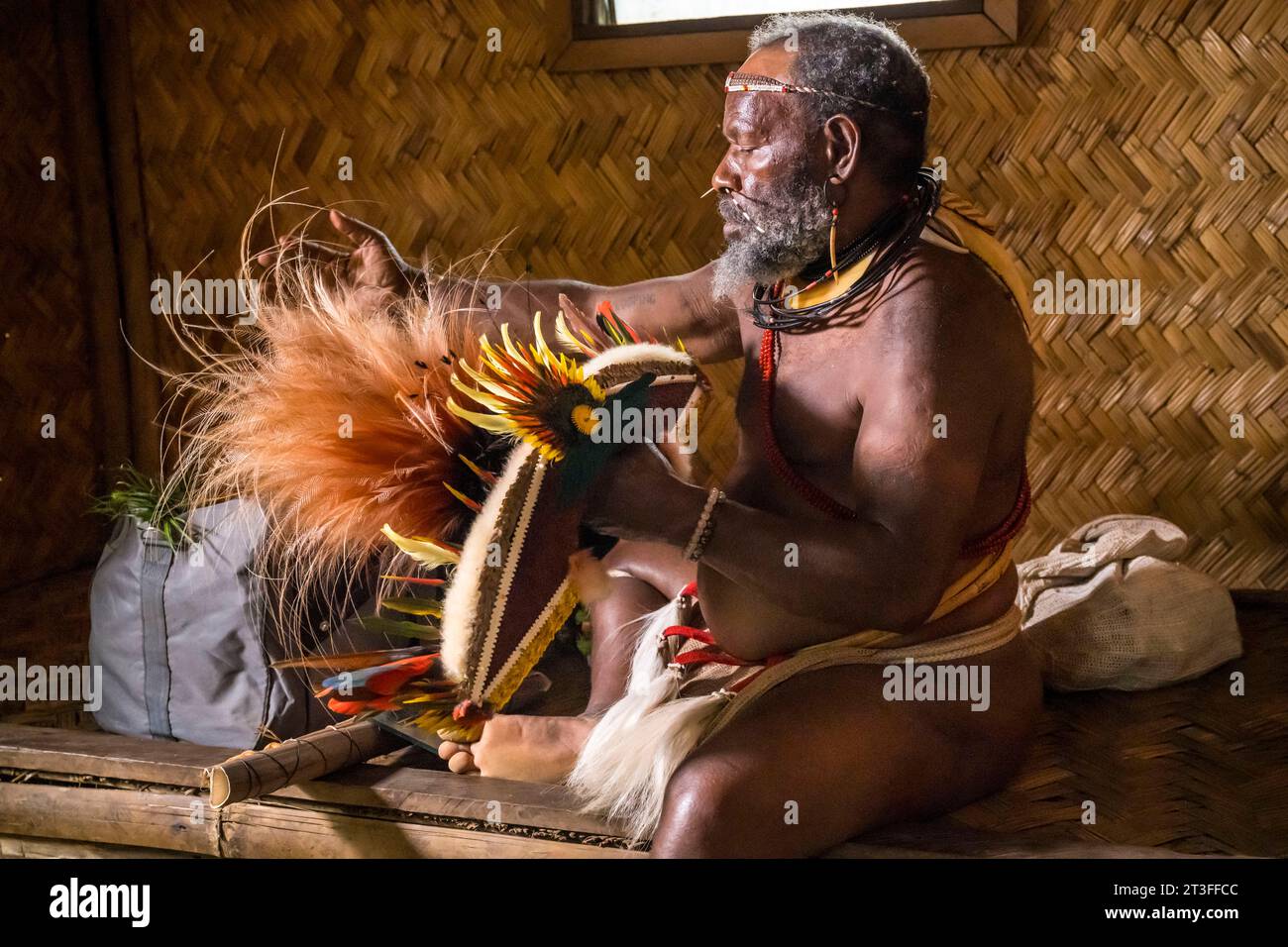 Papouasie-Nouvelle-Guinée, province de Hela, village de Kobe Tumbiali, le chef Mundiya Kepanga prépare ses parures Stock Photo