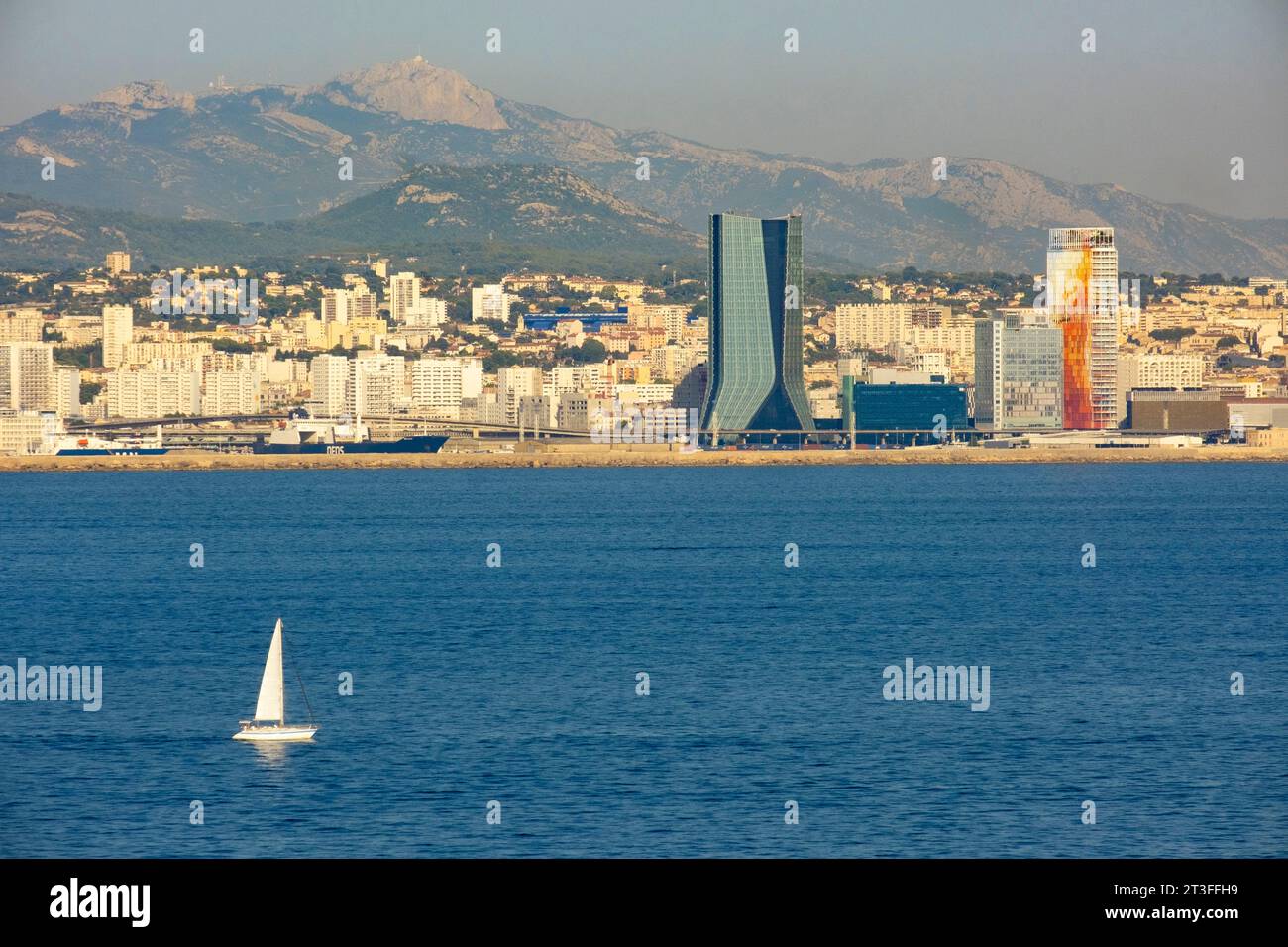 France, Bouches du Rhone, Marseille, the port of La Joliette, with the CMA CGM tower and La Marseillaise by Jean Nouvel Stock Photo