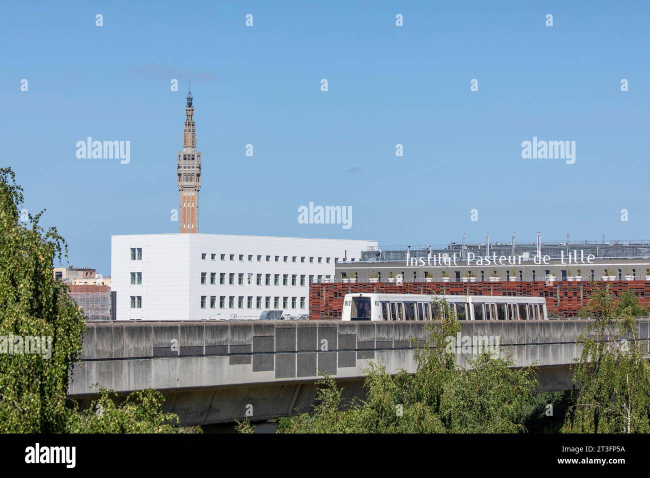France, Nord, Lille, view of the Pasteur Institute of Lille, the aerial metro and the belfry of the town hall from the Saint-Sauveur wasteland Stock Photo