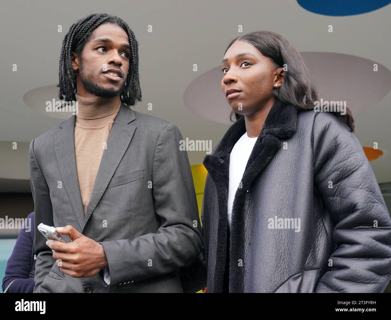 Athletes Bianca Williams and Ricardo Dos Santos speak to the media outside Palestra House, central London, after the judgement was given for the gross misconduct hearing of five Metropolitan Police officers over their stop and search. The disciplinary hearing has found the behaviour of two Metropolitan Police officers - Pc Jonathan Clapham and Pc Sam Franks - amounted to gross misconduct. Acting Police Sergeant Rachel Simpson, Pc Allan Casey and Pc Michael Bond were found not to have breached any standards. Ms Williams and Mr Dos Santos were stopped and handcuffed in Maida Vale, north London i Stock Photo