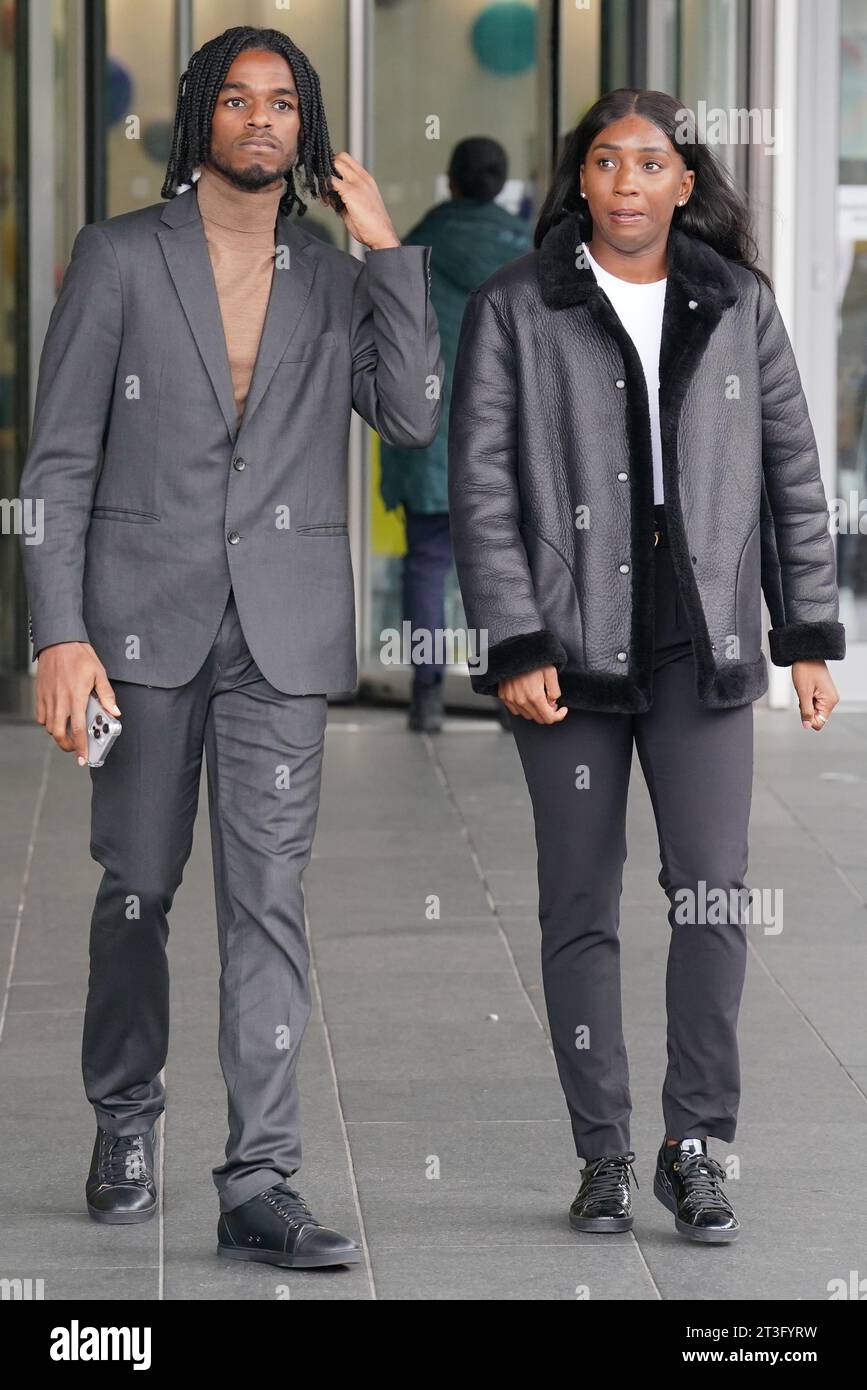 Athletes Bianca Williams and Ricardo Dos Santos walking to speak to the media outside Palestra House, central London, after the judgement was given for the gross misconduct hearing of five Metropolitan Police officers over their stop and search. The disciplinary hearing has found the behaviour of two Metropolitan Police officers - Pc Jonathan Clapham and Pc Sam Franks - amounted to gross misconduct. Acting Police Sergeant Rachel Simpson, Pc Allan Casey and Pc Michael Bond were found not to have breached any standards. Ms Williams and Mr Dos Santos were stopped and handcuffed in Maida Vale, nor Stock Photo