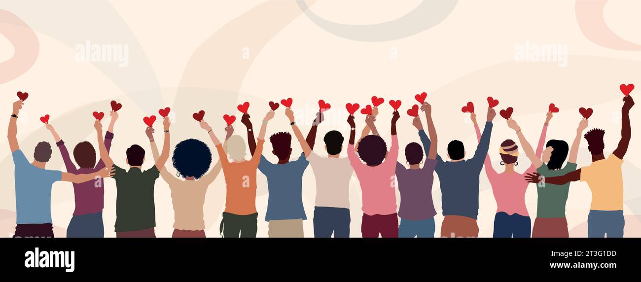 Group of diverse people seen from behind with hands raised holding a heart. Charitable donation and volunteer work. Community.NGO.Aid.Non profit. Stock Vector