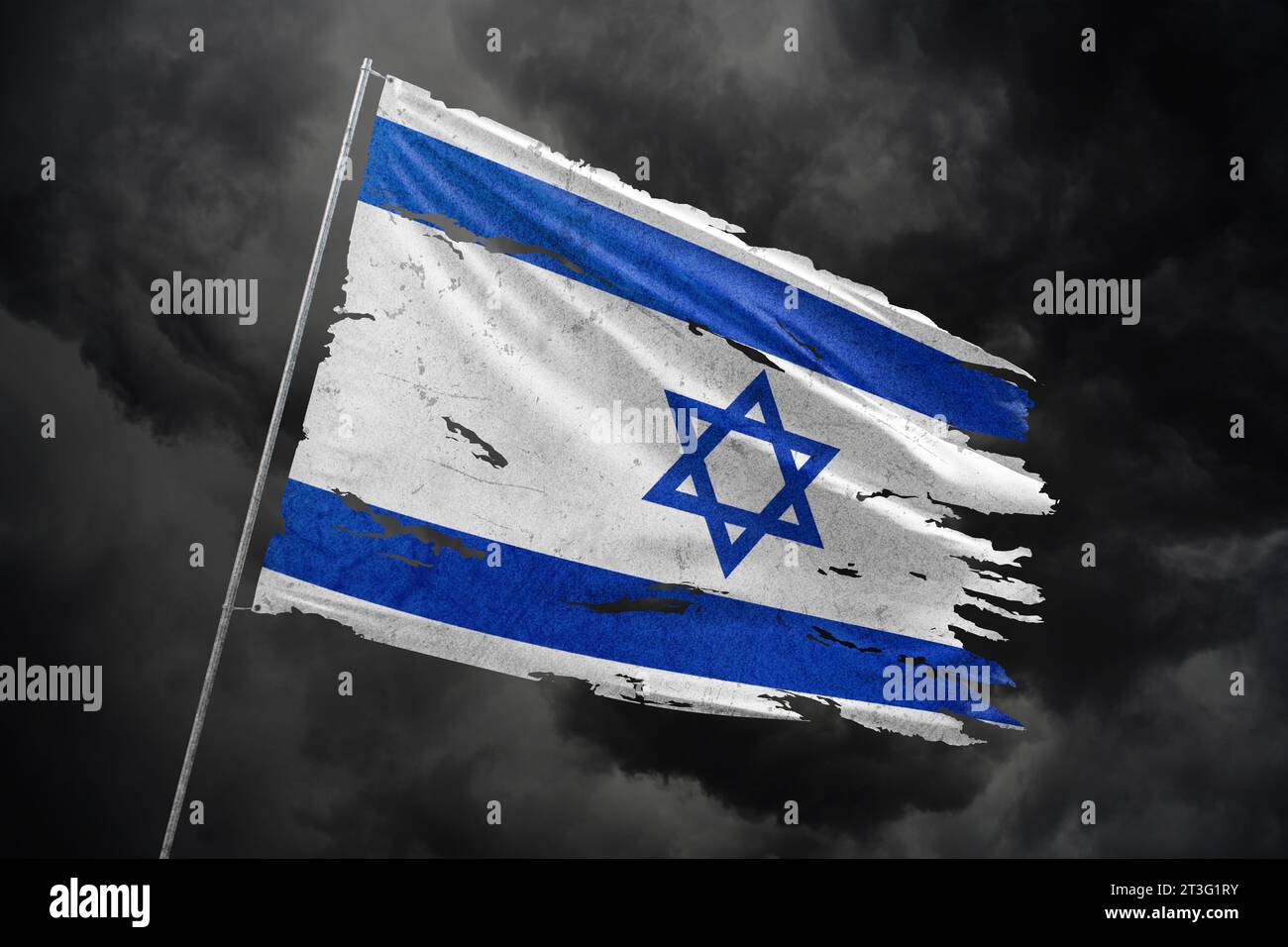 Israel torn flag on dark sky background. Stock Photo