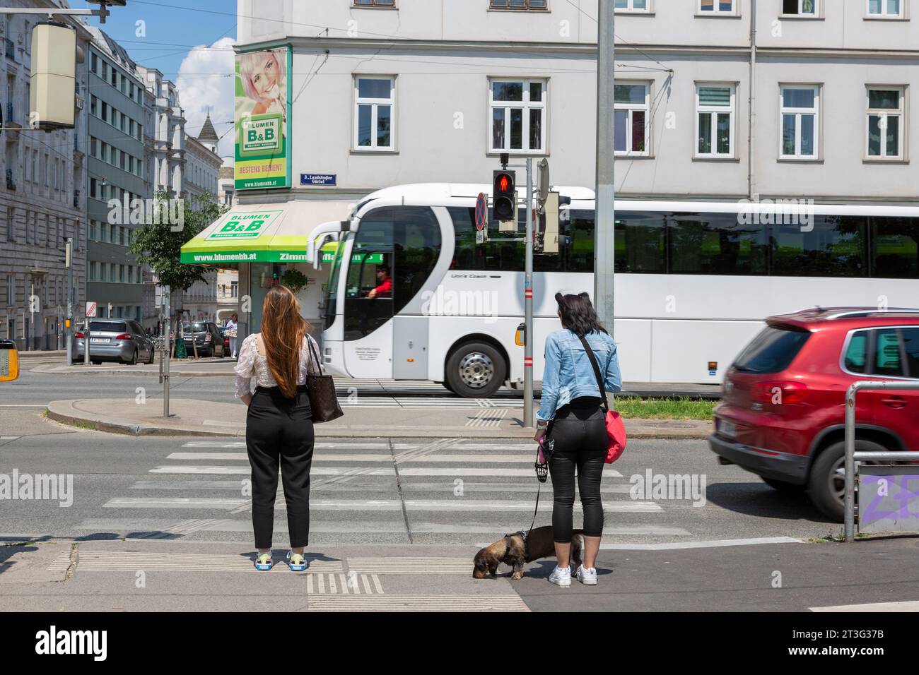 Vienna, Austria - June 15, 2023: People at a pedestrian crossing waiting for a green light Stock Photo