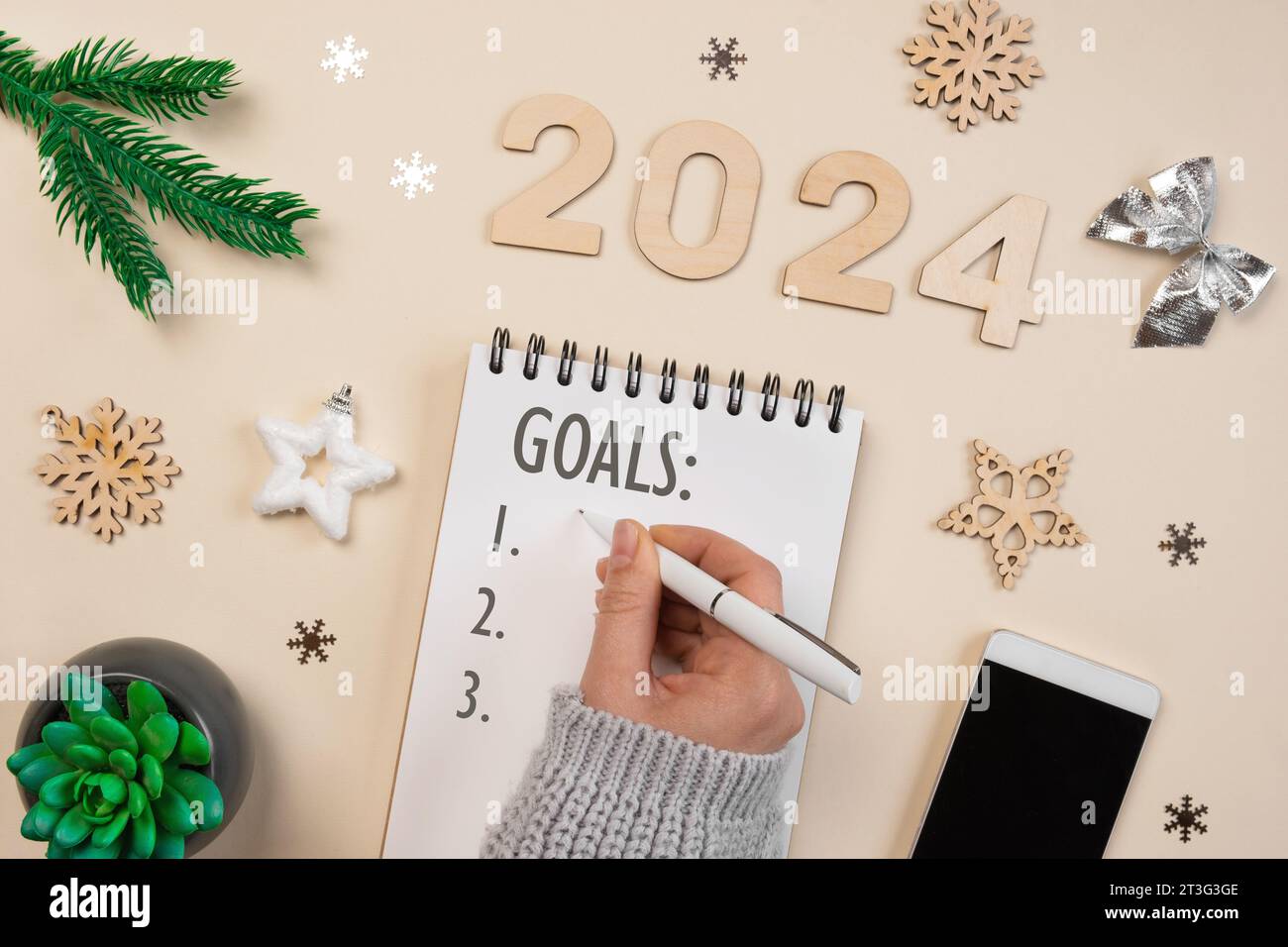 New Year Aims 2024. To Do List. Empty Notebook at the Desk with Holiday