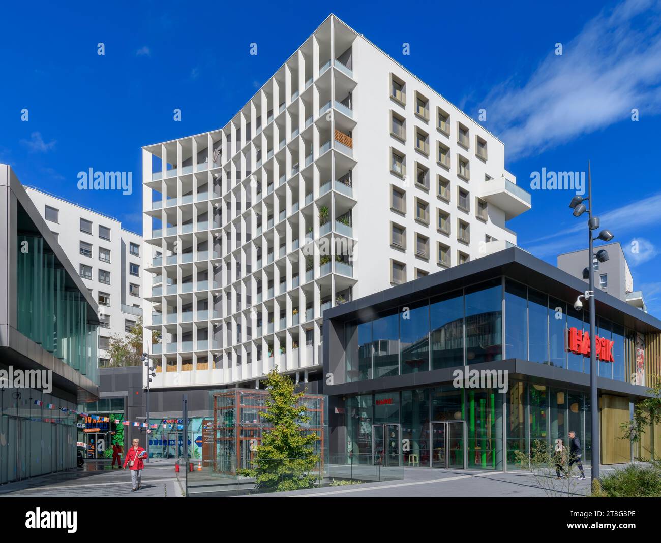 Smart modern apartments in a new development in northern Bordeaux called Ginkgo.With new shops, cafes and the Hapik rock climbing gym. Stock Photo