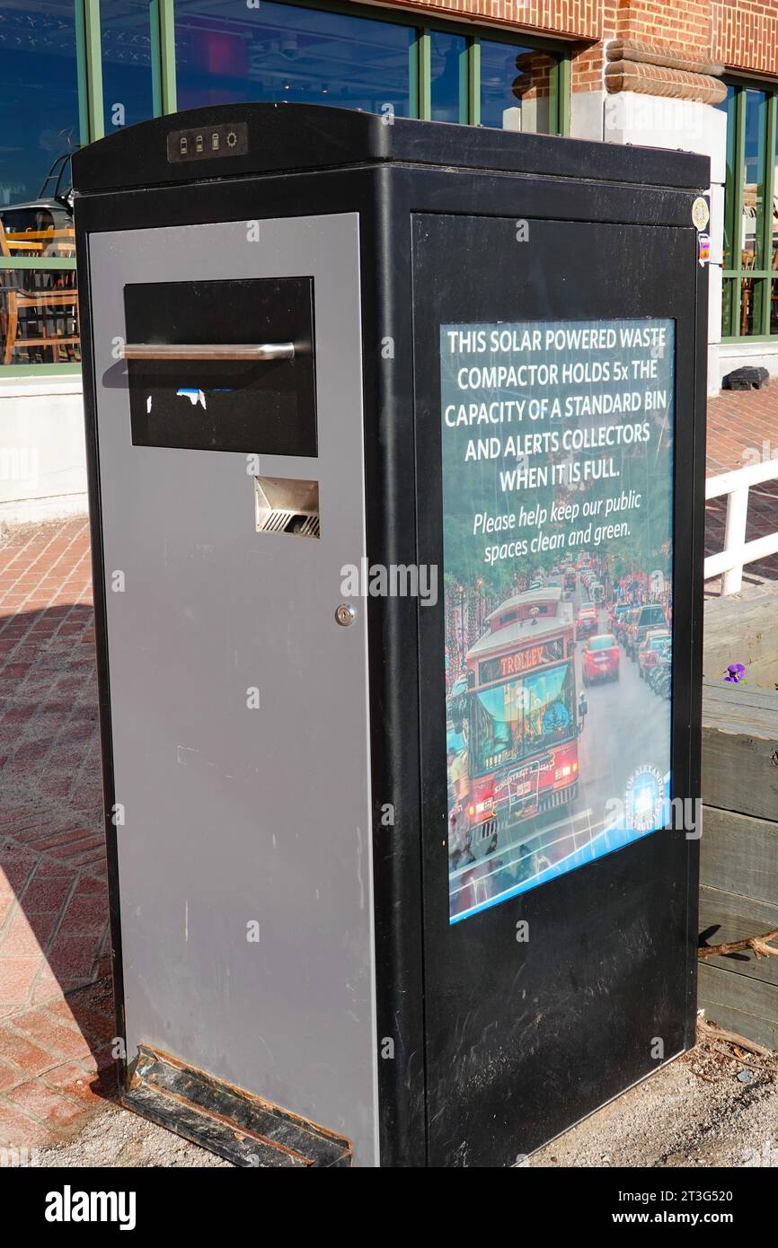 Solar powered waste compactor. Alerts collectors when full. Old Town