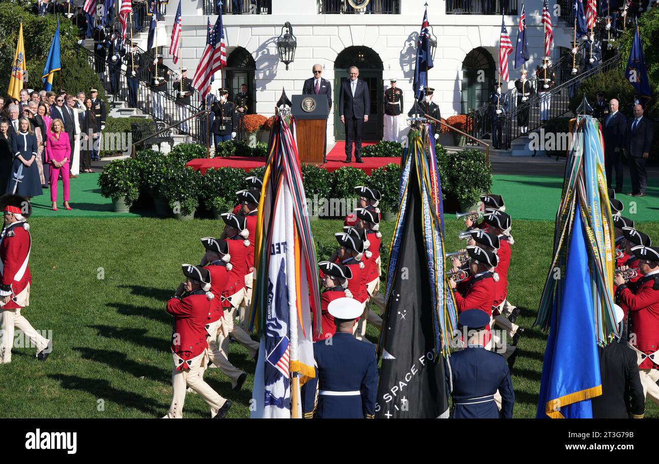 Washington, United States. 25th Oct, 2023. The U.S. Army Old Guard Fife and Drum Corps performs during an arrival ceremony for Australia's Prime Minister Anthony Albanese on the South Lawn of the White House in Washington DC on Wednesday, October 25, 2023. Photo by Pat Benic/UPI Credit: UPI/Alamy Live News Stock Photo