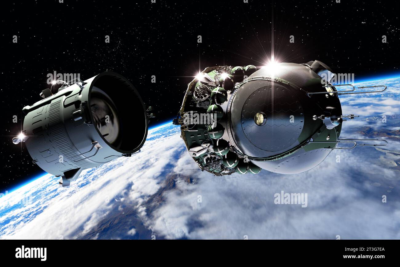 Spaceship Vostok-1 undocked from last rocket stage. 3d rendering background. 3D illustration Stock Photo