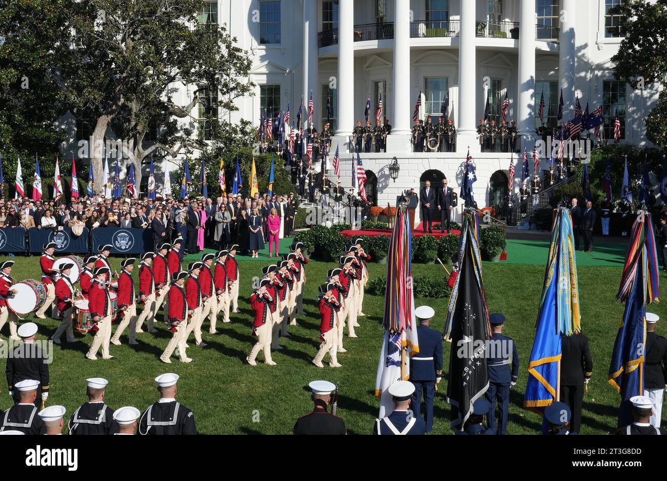 Washington, United States. 25th Oct, 2023. The U.S. Army Old Guard Fife and Drum Corps performs during an arrival ceremony for Australia's Prime Minister Anthony Albanese on the South Lawn of the White House in Washington DC on Wednesday, October 25, 2023. Photo by Pat Benic/UPI Credit: UPI/Alamy Live News Stock Photo
