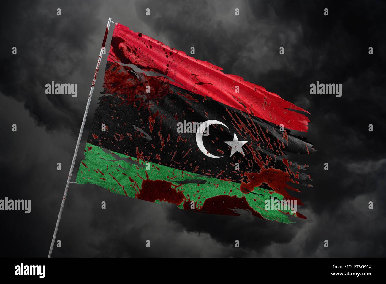 Libya torn flag on dark sky background with blood stains Stock Photo ...