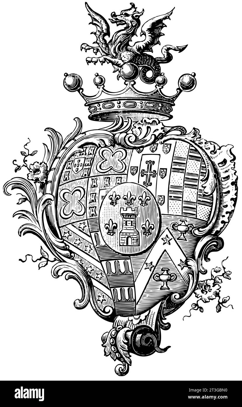 Stemma Fiorentino coat of arms heraldic illustration black and white dragon Florentin lily Stock Photo