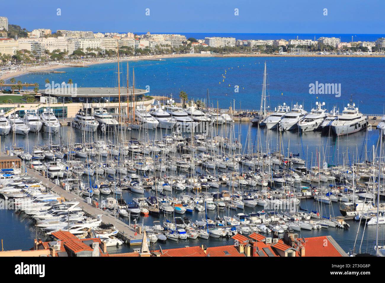 France, Alpes Maritimes, Cannes, view from Le Suquet of the Old Port, its moored boats, the Palais des festivals et des congres and the beach Stock Photo