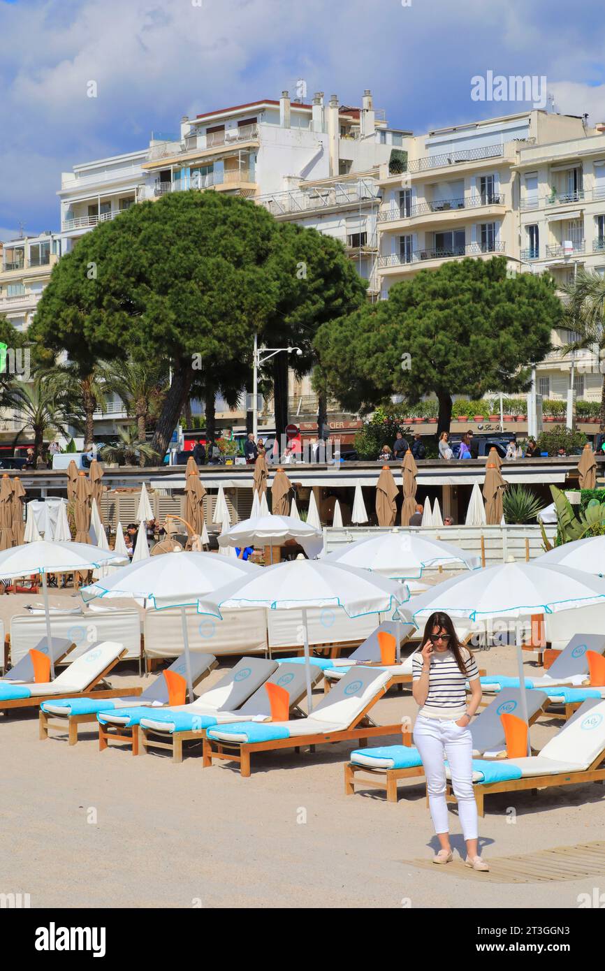 France, Alpes Maritimes, Cannes, Croisette, La Mome private beach Stock Photo