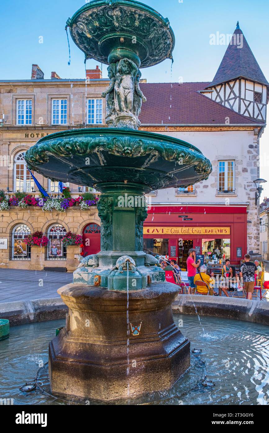 France, Allier, Saint Pourçain sur Sioule, fountain of Marechal Foch square in front of the town hall Stock Photo