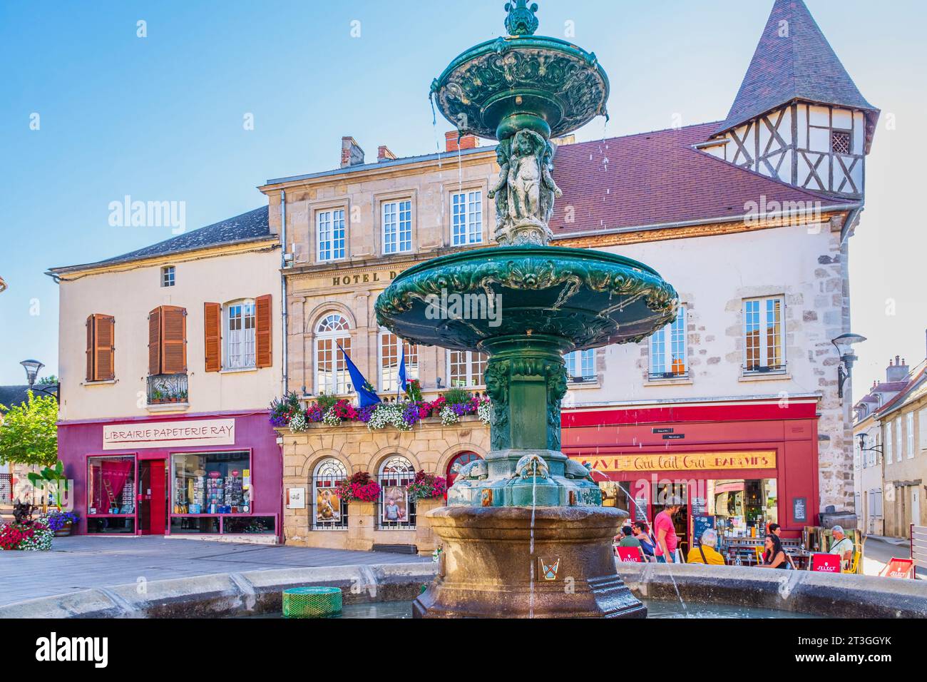 France, Allier, Saint Pourçain sur Sioule, fountain of Marechal Foch square in front of the town hall Stock Photo