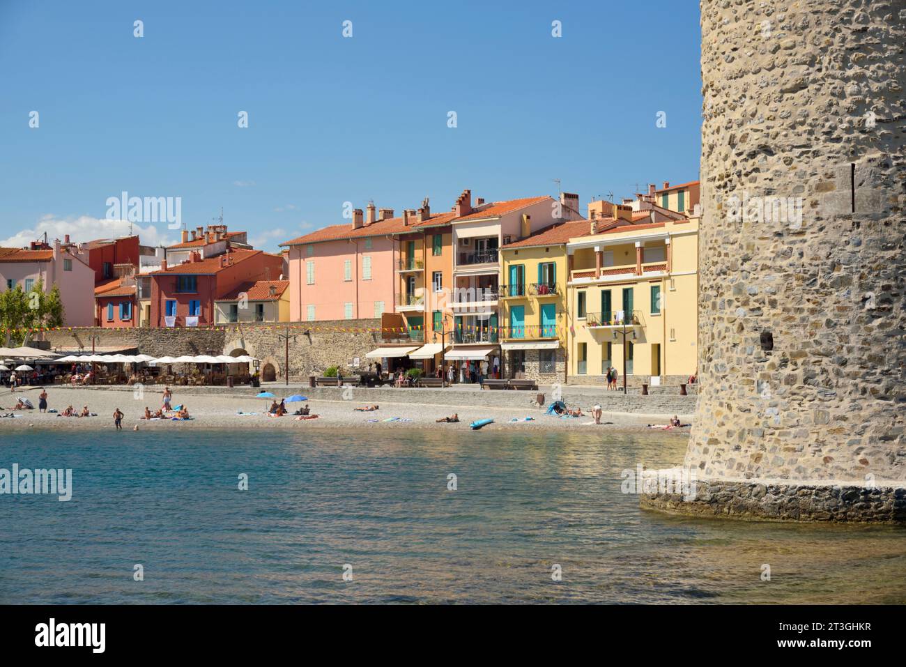 France, Pyrenees Orientales, Côte Vermeille, Collioure, Boramar beach and the church of Our Lady of the Angels Stock Photo