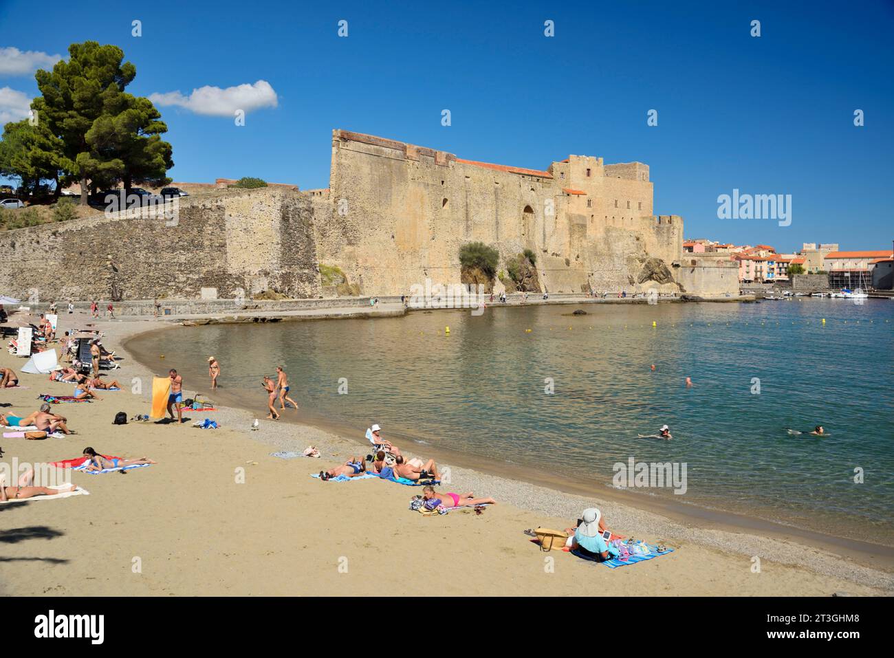 France, Pyrenees Orientales, Cote Vermeille, Collioure, Port d'Avall beach and Royal Castle defensive wall Stock Photo