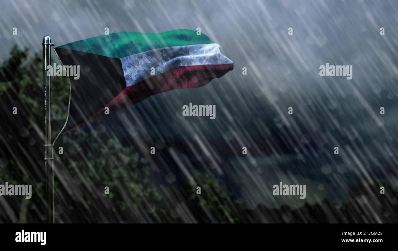 flag of Kuwait with rain and dark clouds, hail rain forecast symbol ...