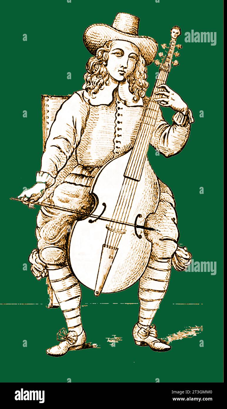 Am early British illustration of a musician playing a Viola de Gamba. The six or seven stringed viola da gamba is a European bowed and fretted string instrument  also known as a  viol or gamba that was popular  during the Renaissance and Baroque periods. Stock Photo