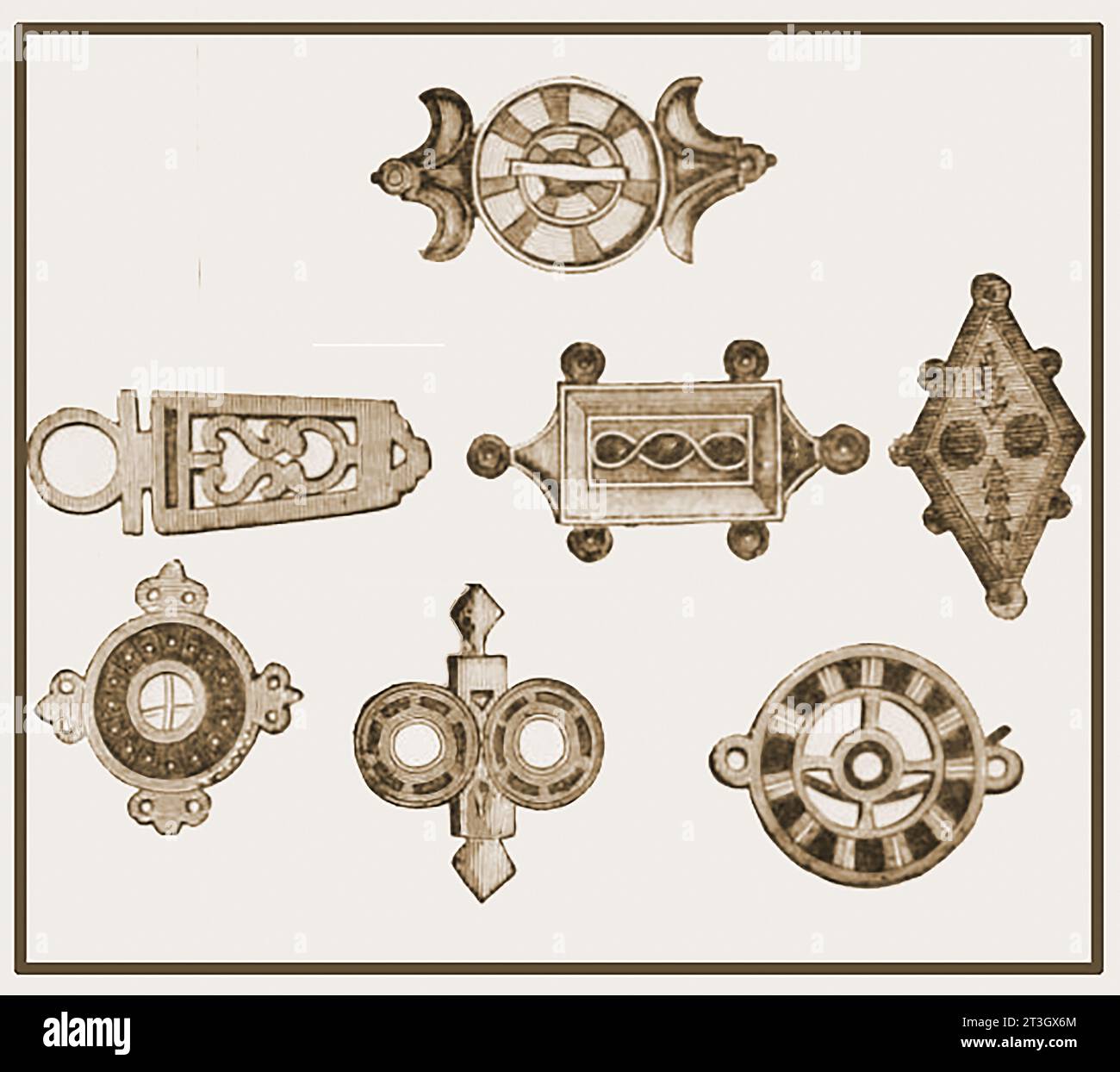 FIBULA - BROOCH - A 19th century engraving of archaeological finds from Anglo Saxon and Irish sites. Stock Photo