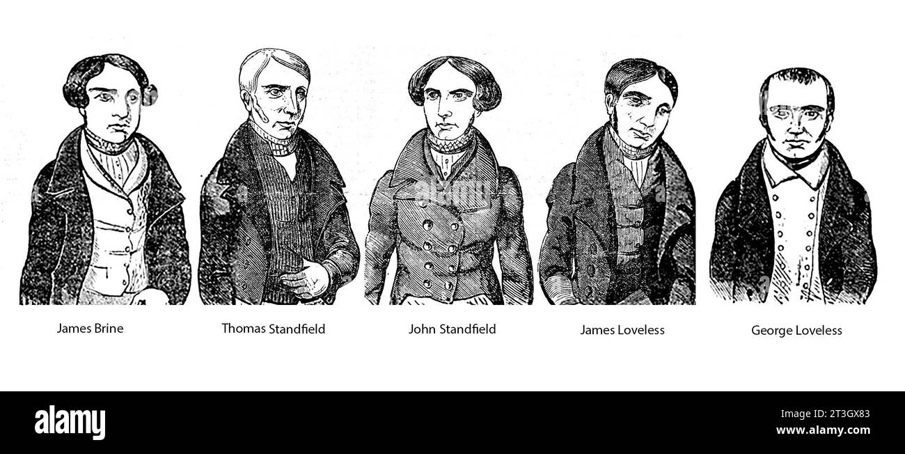 The Tolpuddle Martyrs. Five of the six Tolpuddle Martyrs: James Brine, Thomas Standfield, John Standfield, James Loveless and George Loveless. The sixth, James Hammett, is not pictured. Stock Photo