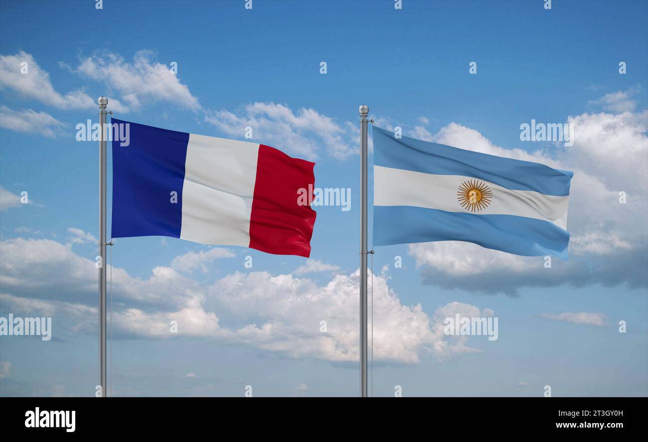 Argentina and France flags waving together on blue cloudy sky, two ...