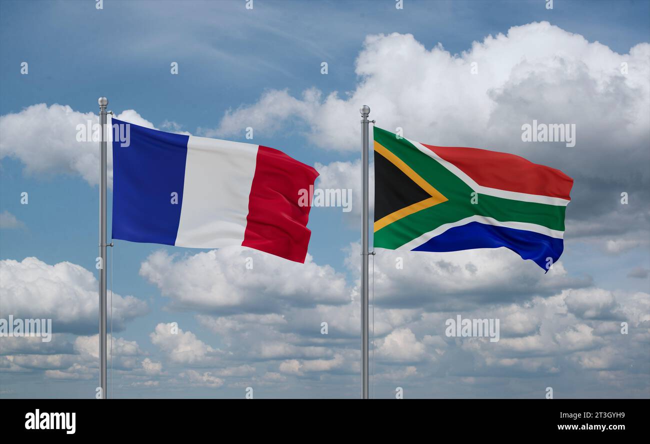 Republic of South Africa and France flags waving together in the wind ...