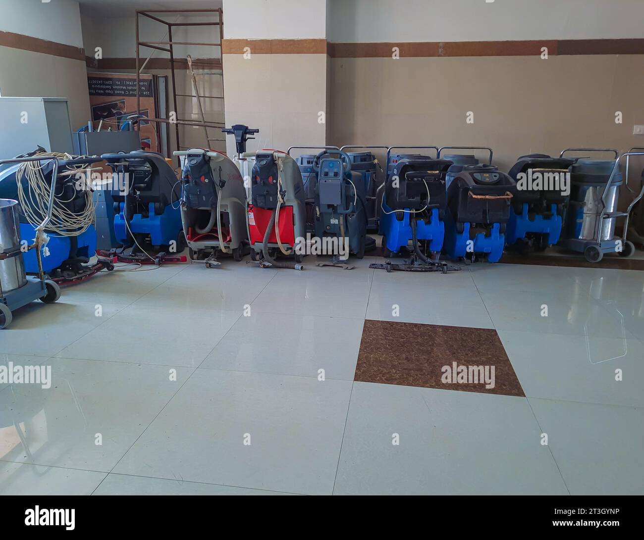 modern electric floor cleaning machine kept at hall from flat angle image is taken at pushkar rajasthan india on Aug 19 2023. Stock Photo