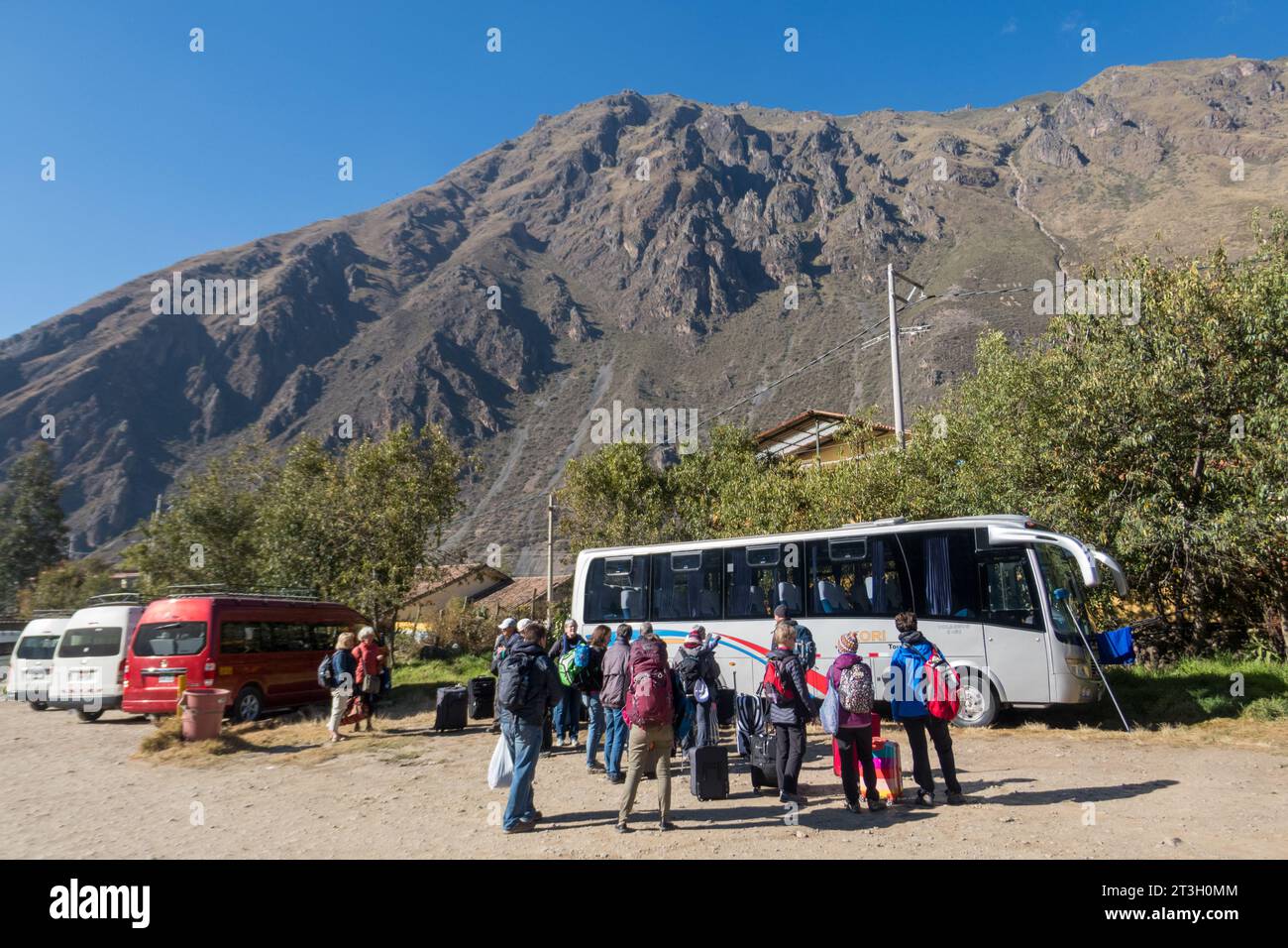 Tourists awaiting to leave in bus, Machu Picchu, Peru Stock Photo