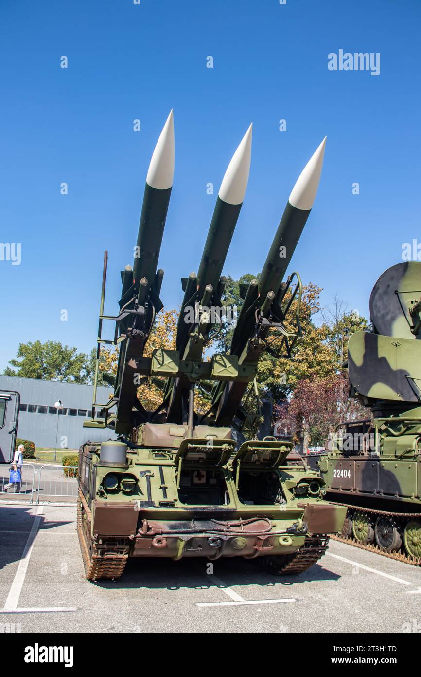 Mobile surface-to-air missile rocket launcher system, weapons for mass destruction top or rocket's warheads, exposed at military arm fair Stock Photo