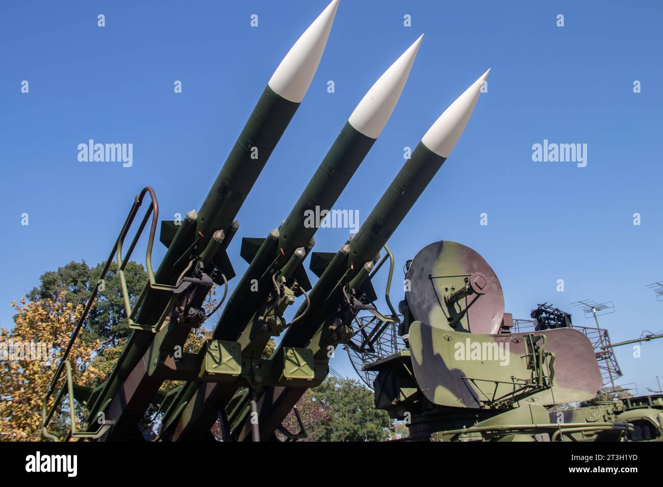 Mobile surface-to-air missile rocket launcher system, weapons for mass destruction top or rocket's warheads, exposed at military arm fair Stock Photo