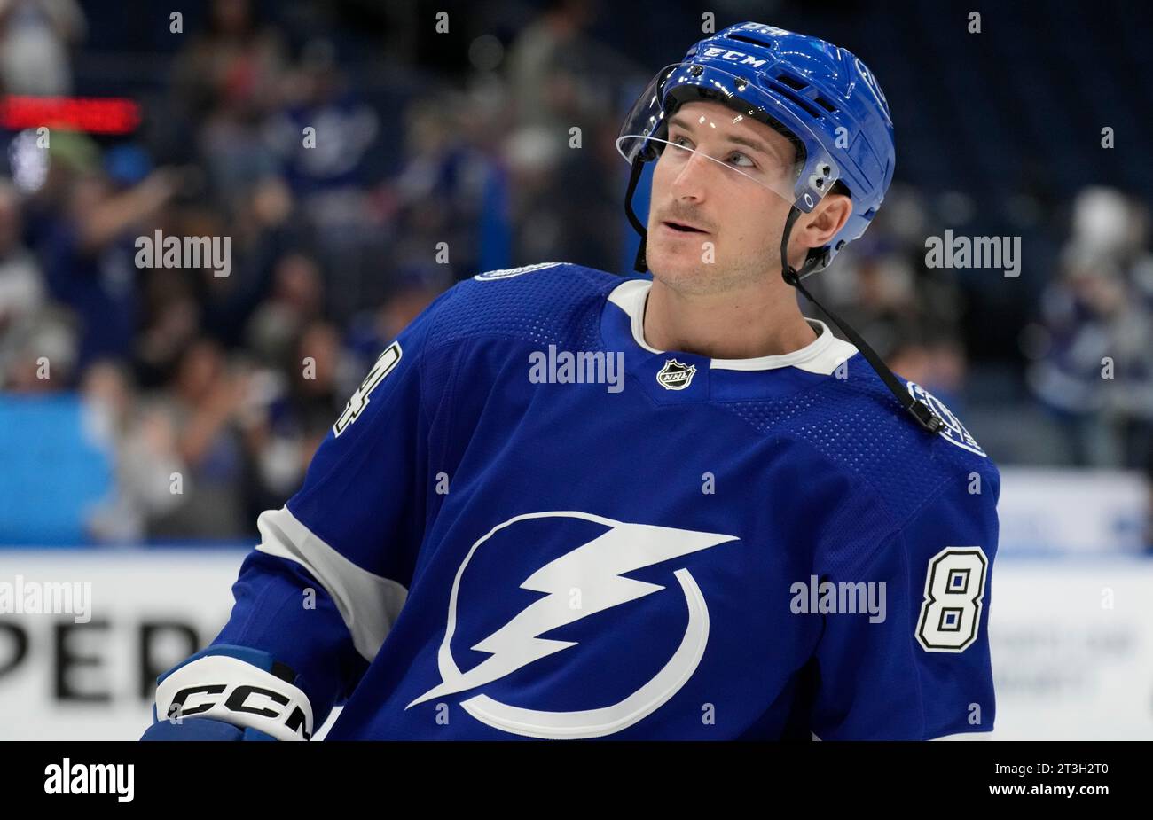 Tampa Bay Lightning left wing Tanner Jeannot (84) before an NHL hockey