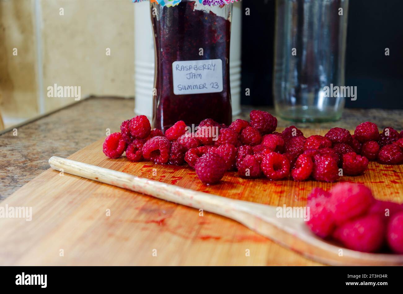 Jam making equipment including fresh raspberries Stock Photo Alamy