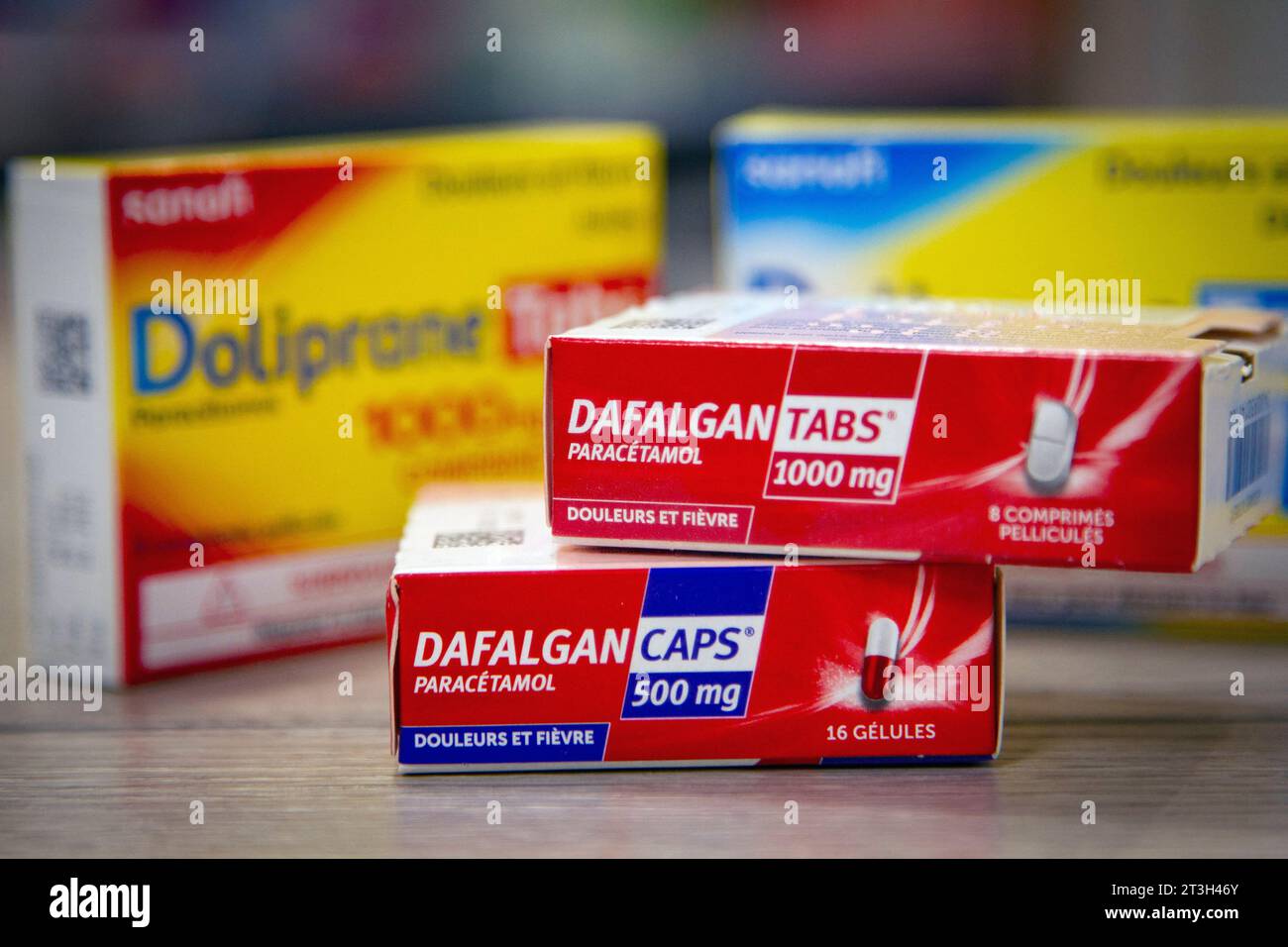 Briancon, France. 25th Oct, 2023. Boxes of different brands of