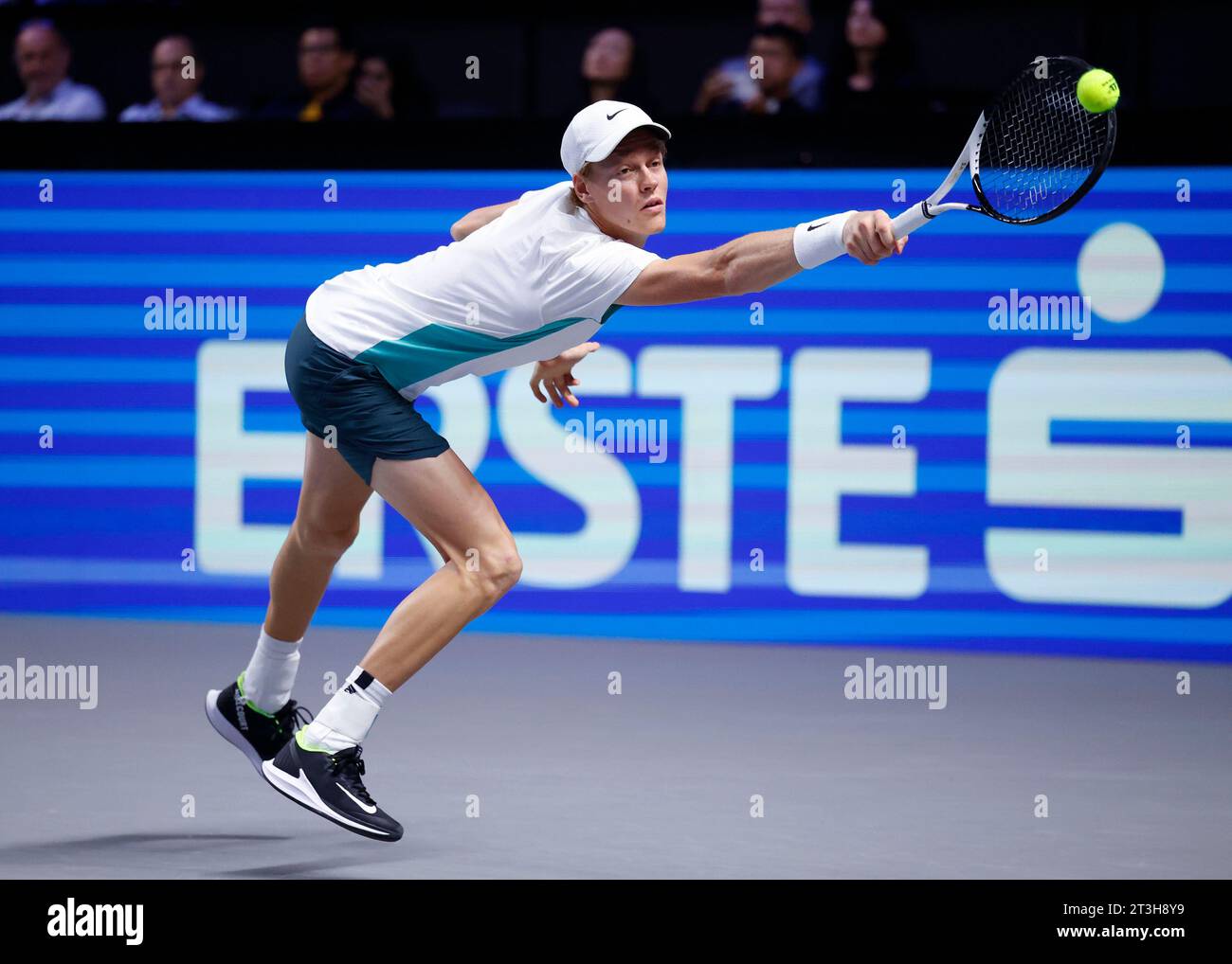 Frances Tiafoe of the United States returns the ball to Jannik Sinner of  Italy during their semi final match at the Erste Bank Open ATP tennis  tournament in Vienna, Austria, Saturday, Oct.