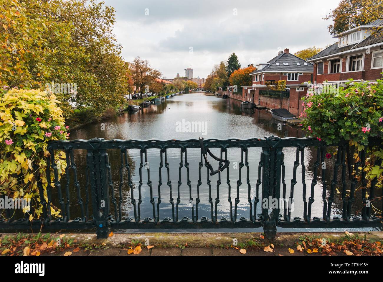looking down a canal on the Johan M. Coenenstraat bridge in Amsterdam, Netherlands, in autumn Stock Photo