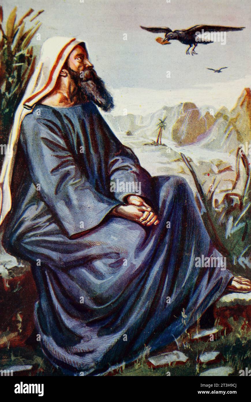 Illustration of Elijah by the brook being Fed by the Ravens from the Book of Kings Old Testament and Nevi'im from 19th century Bible Stock Photo